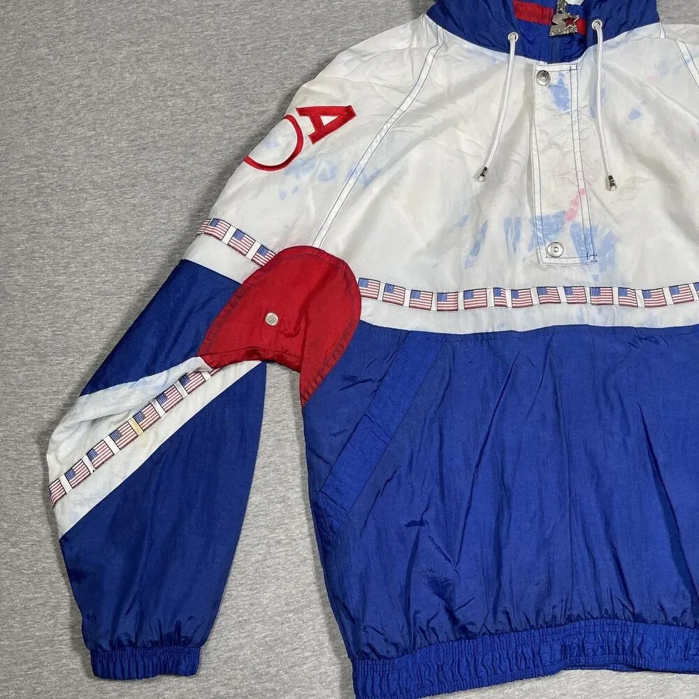 Vintage Starter Windbreaker Jacket Mens L Blue USA Olympic Hooded Pockets Lined